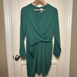 ASOS Design Green Long Sleeve Surplice V Neck Mini Dress - Size 8